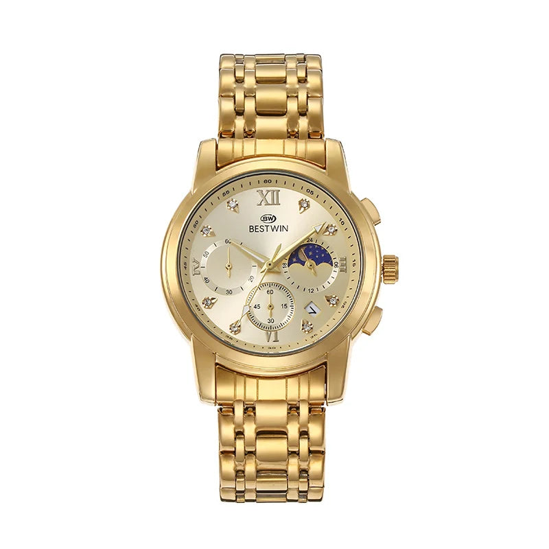 Bestwin Men's Watch Classic Moon Phase Star Six-Hand Movement Male Wristwatch
