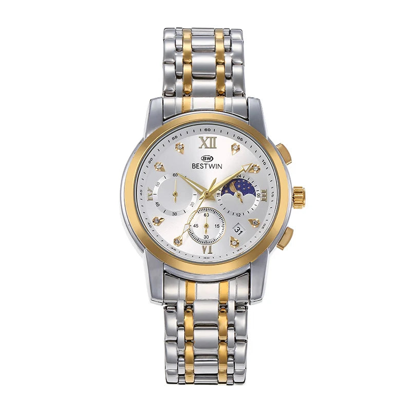 Bestwin Men's Watch Classic Moon Phase Star Six-Hand Movement Male Wristwatch