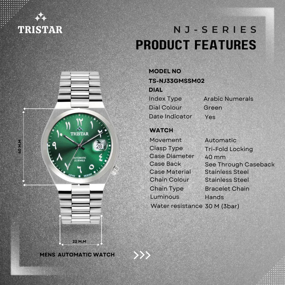 Tristar Automatic Green Dial Arabic Dial Stainless Steel Men's Watch