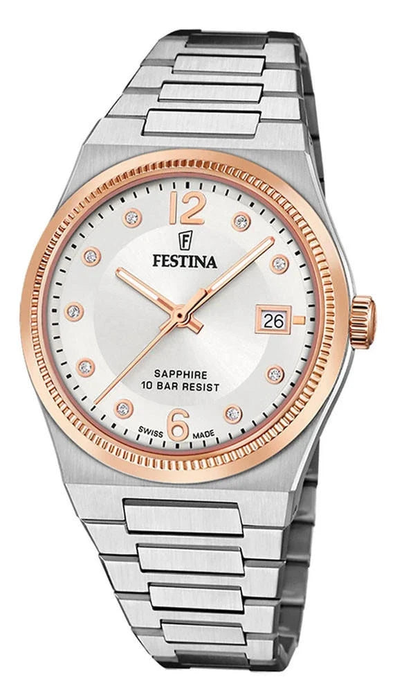FESTINA Swiss Made Quartz 35 mm Rose Gold Silver Dial Women's Watch