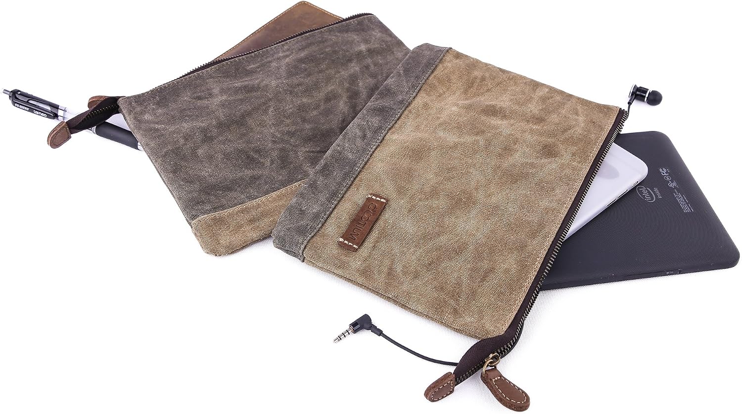 GOOTIUM Waxed Canvas Zip Pouch Set - Zippered Makeup Bag Office Supply Folio Pencil Bag Multipurpose Organizer Accessories Holder (2 PACK)