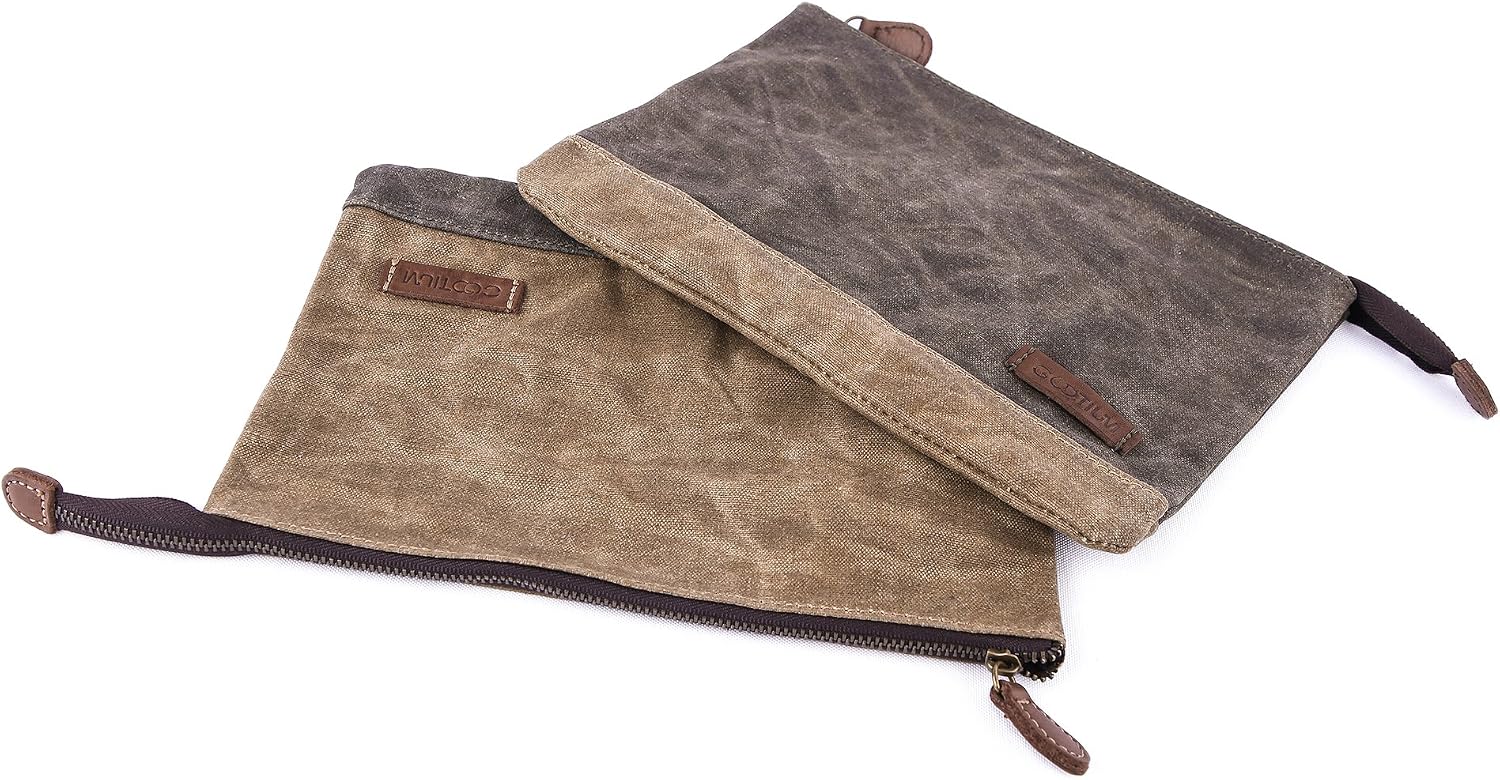GOOTIUM Waxed Canvas Zip Pouch Set - Zippered Makeup Bag Office Supply Folio Pencil Bag Multipurpose Organizer Accessories Holder (2 PACK)