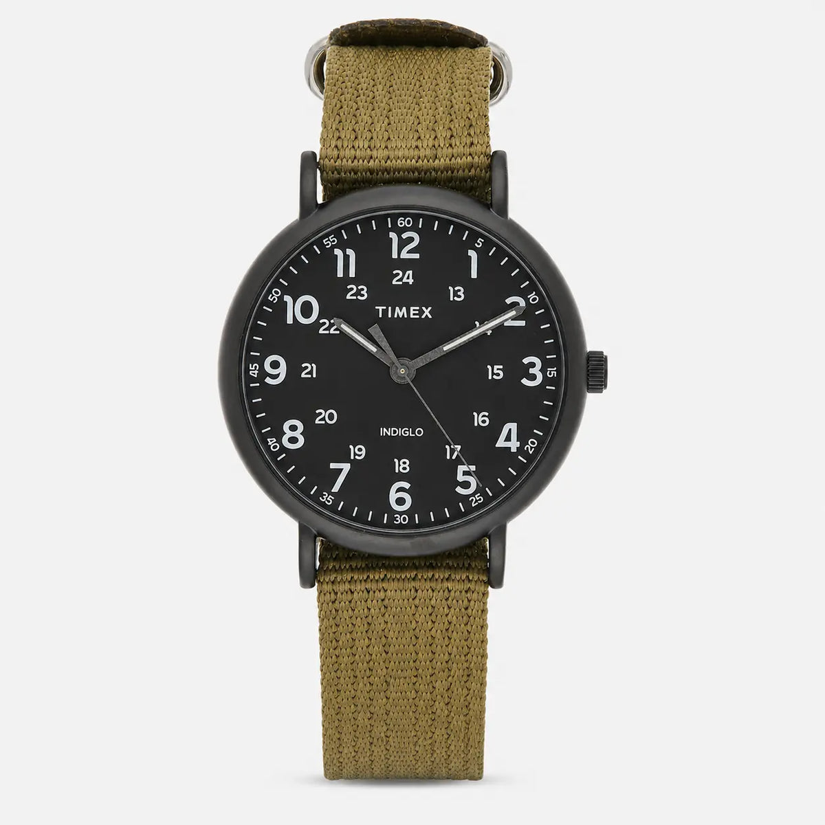 Timex Weekender XL 43 mm Men Black Case Olive Fabric Strap Watch