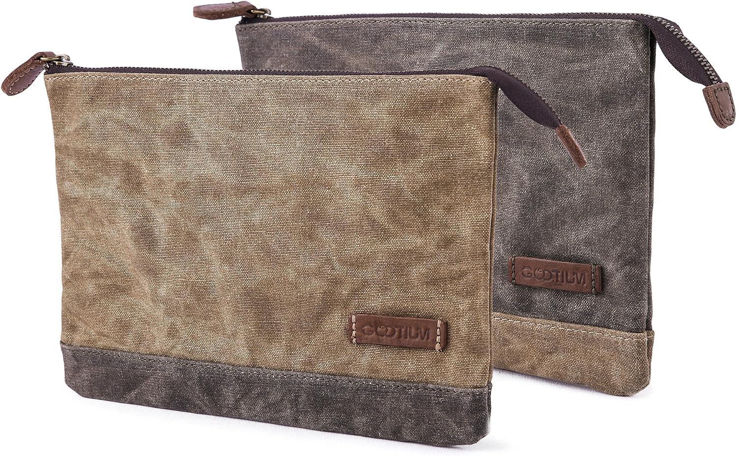 GOOTIUM Waxed Canvas Zip Pouch Set - Zippered Makeup Bag Office Supply Folio Pencil Bag Multipurpose Organizer Accessories Holder (2 PACK)