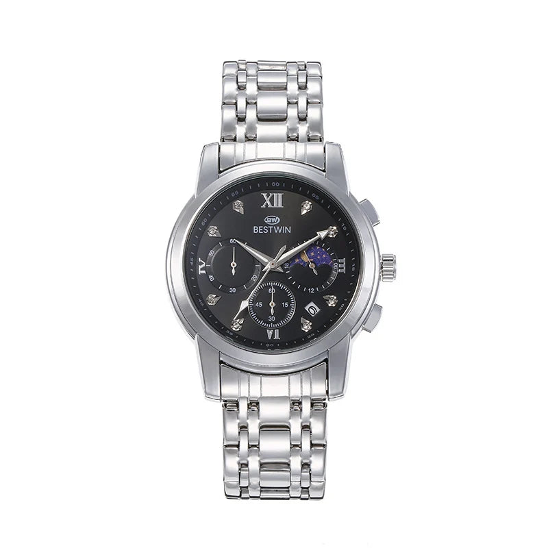 Bestwin Men's Watch Classic Moon Phase Star Six-Hand Movement Male Wristwatch