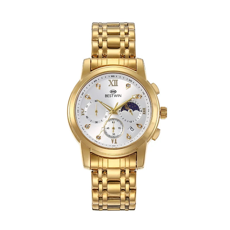 Bestwin Men's Watch Classic Moon Phase Star Six-Hand Movement Male Wristwatch