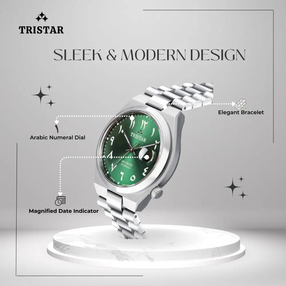 Tristar Automatic Green Dial Arabic Dial Stainless Steel Men's Watch
