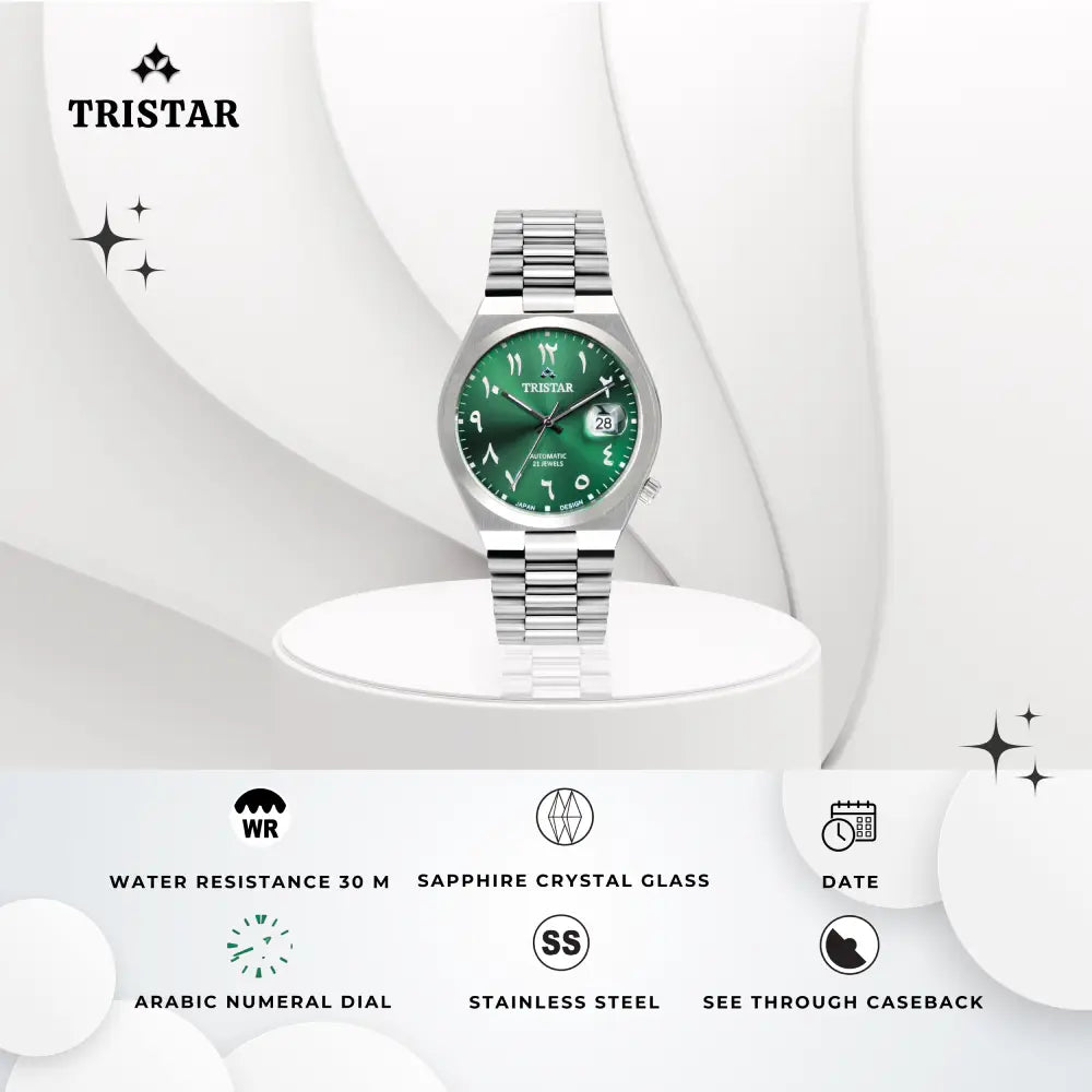 Tristar Automatic Green Dial Arabic Dial Stainless Steel Men's Watch