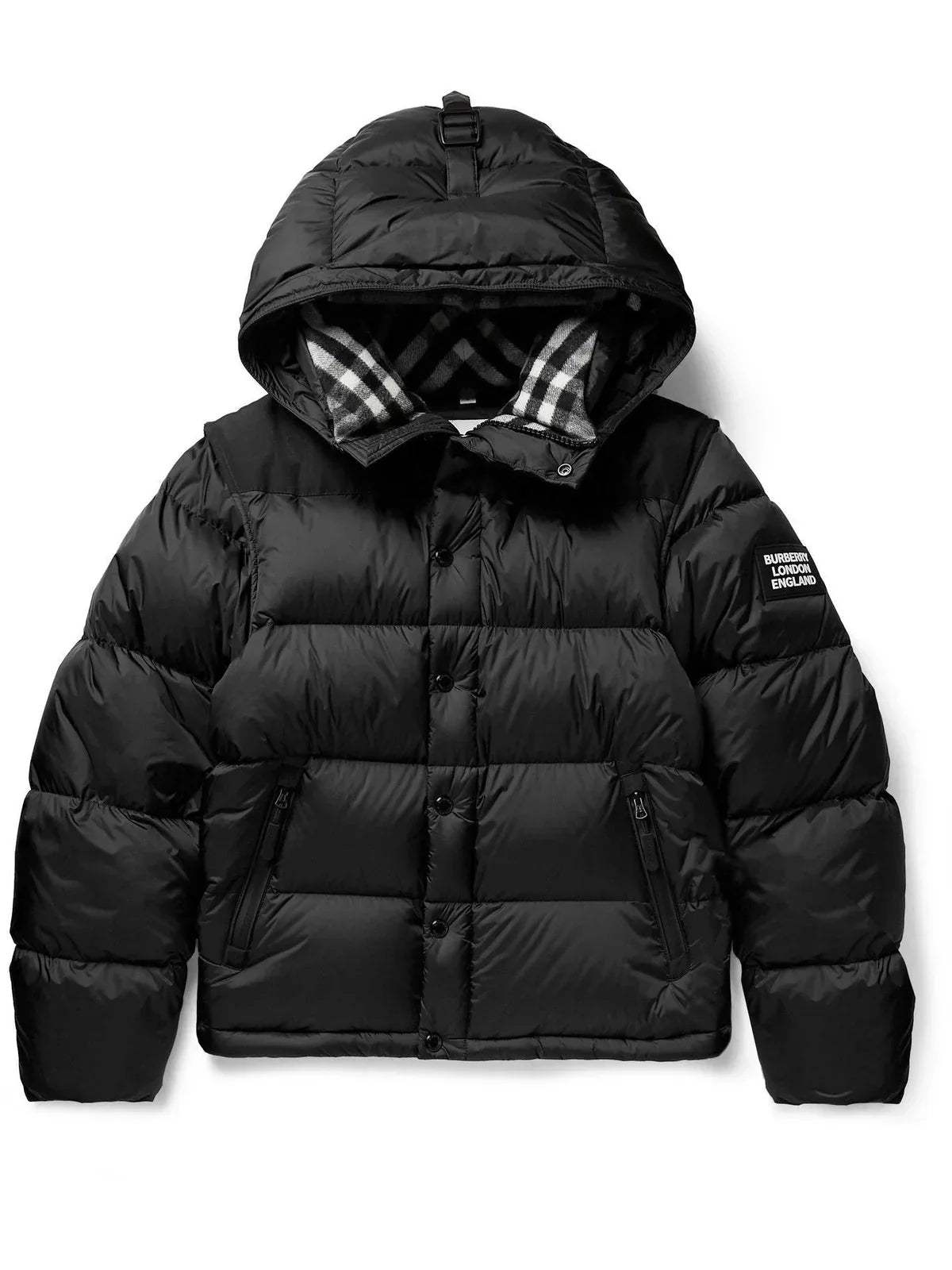 Convertible Hooded Quilted Nylon Down Jacket – Black