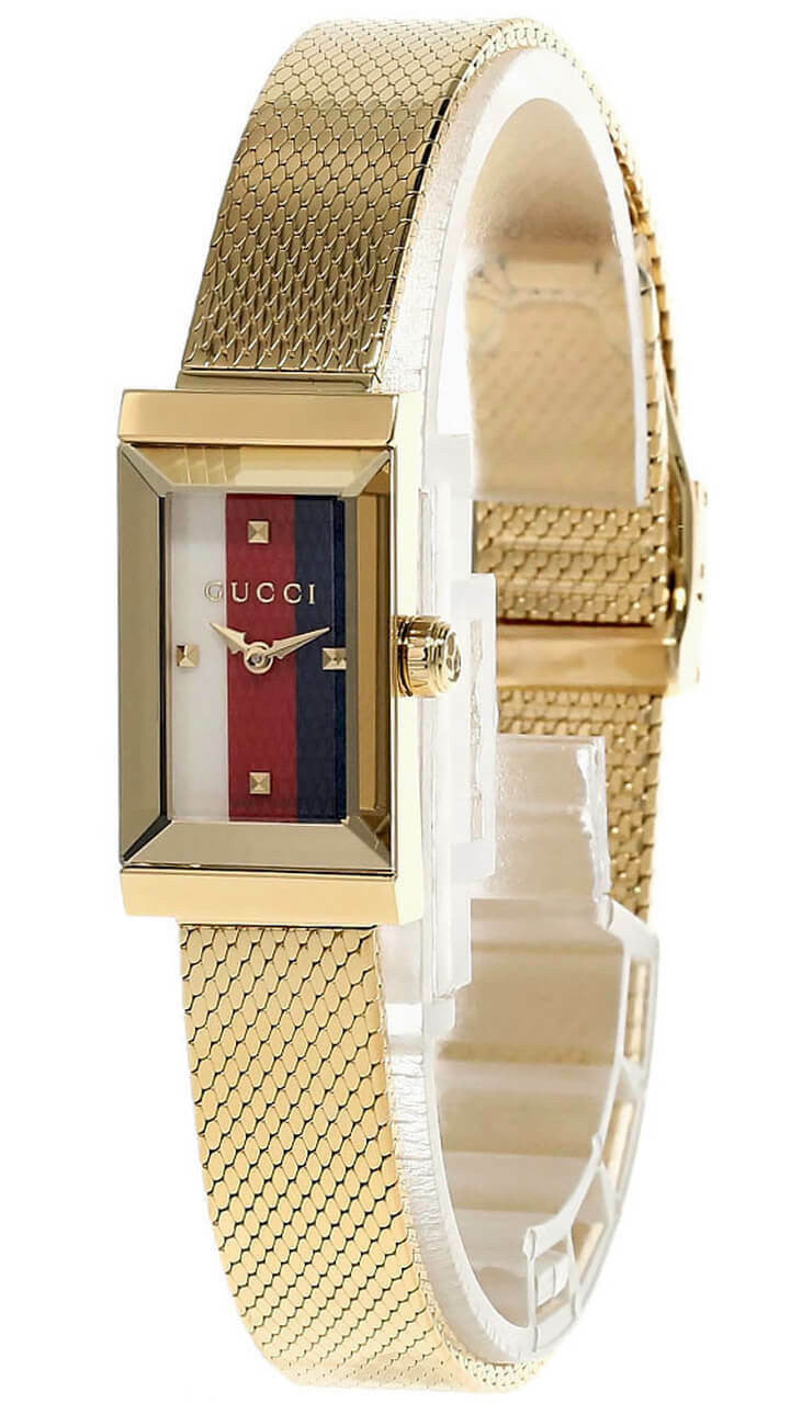 GUCCI G-Frame White, Red, Navy Gold PVD Mesh Bracelet Watch
