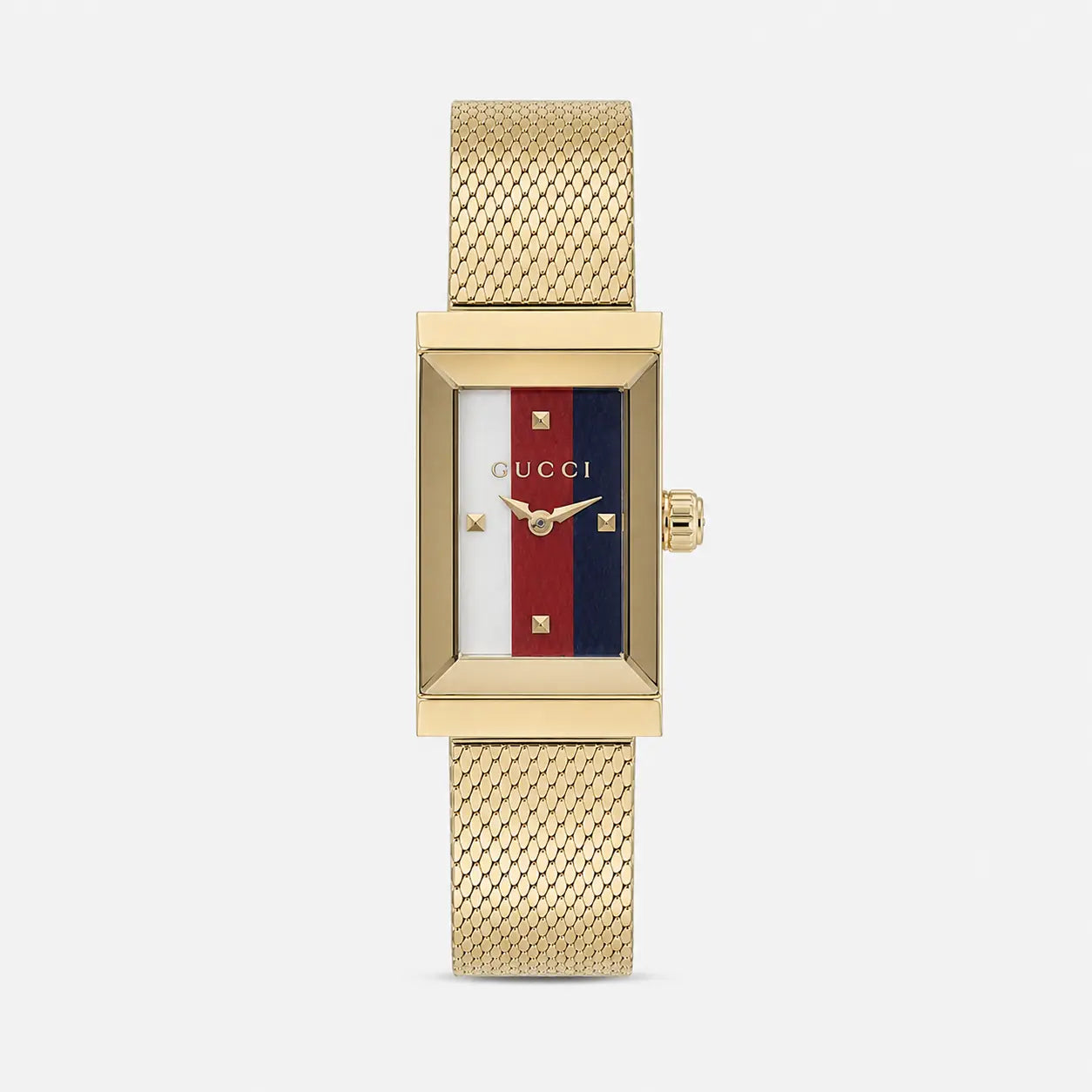 GUCCI G-Frame White, Red, Navy Gold PVD Mesh Bracelet Watch